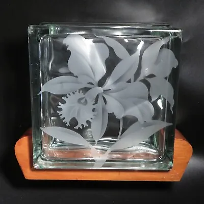Vintage Hawaii Etched Glass 7.75  Block Vase On Blair Koa Wood Stand Orchid • $120