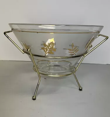 Vintage Libbey Starlyte Serving Chip Bowl W/ Stand Gold Leaves • $18.27