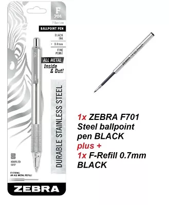 ZEBRA F701 Stainless Steel Retractable Ballpoint Ink 0.7mm BLACK + 1x F-REFILL • $23.95