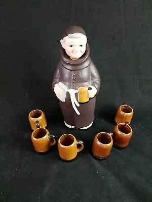 Vintage Friar Monk Hand Painted Decanter W/ Stopper Nikoniko With 6 Cups Japan • $25.99