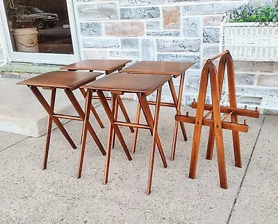 4 Vinage Mid Century Folding Wood Snack TV Tray Tables On Stand • $129.99