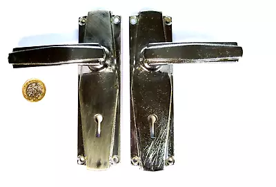 £19.99 • Buy Pair Chromed Brass Art Deco Lever Handles With Stepped Fantail Backplates 1930s