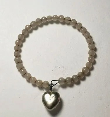 Beaded Baby Bracelet Dangle Silver Tone Heart Wire Strung 1950s Vintage • $30.07