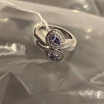 Platinum On 925 Hallmarked Silver Genuine Tanzanite / Zircon Dress Ring. Size O • £29