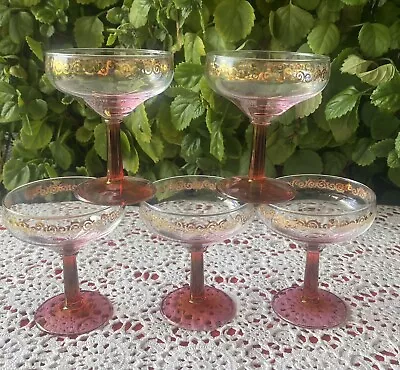 VTG CROWN CORNING Aust Set Of 5 Pink Stemmed Champagne Coupe Glasses Gold Etched • $35