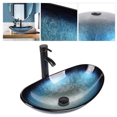 £68.90 • Buy Tempered Glass Bathroom Basin Sink Countertop Cloakroom Boat Shape Wash Bowl Set