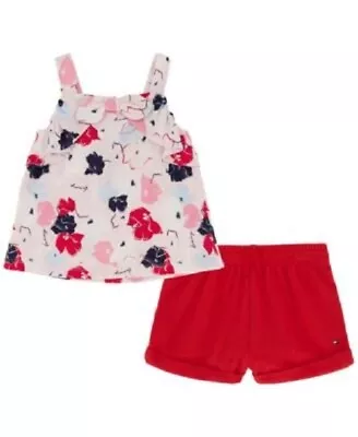 Tommy Hilfiger Toddler Girls Bow Front Printed Top & French Terry Shorts Red 3T • $19.80