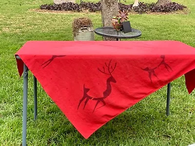 Vintage Tablecloth Calif Handprints Reindeer Red MCM Christmas Holiday 52 X 46  • $9.99
