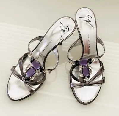 Giuseppe Zanotti Silver With Crystals Jewel Accent Slide Heel Sandals SZ 6/36 • $98