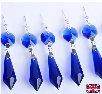 5 Blue Cut Glass Crystals Sun Catcher Leaf Drops Prisms Droplet Chandelier • £5.12