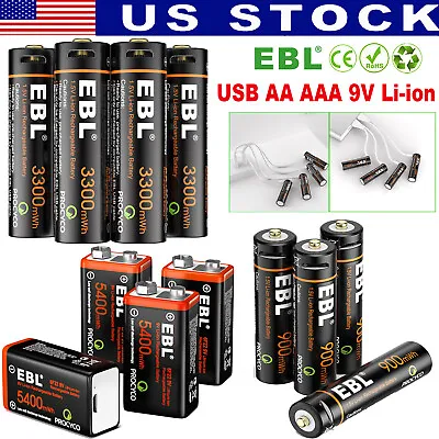 EBL Rechargeable 1.5V AA AAA 9V 6F22 Lithium Batteries USB Li-ion Battery Lot • $19.99