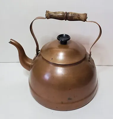 Vintage ODI Copper Tea Kettle Pot Wooden Handle Portugal Patina Farmhouse • $20
