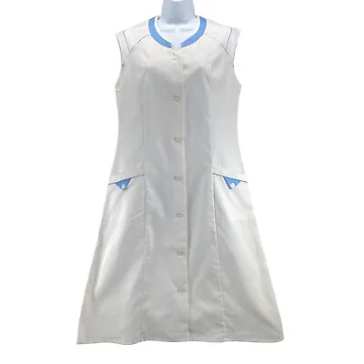 Retro Waitress Dress Size 40 White Blue Sleeveless Button Front Diner Cosplay • $34