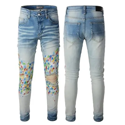 Men’s Punk Ripped Skinny Fit Colored Paint Spot Jeans Blue Stretch Denim Pants • $59.17