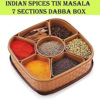 Indian Spices Tin Masala 7 Sections Dabba Box Free Spoon- Heavy Plastic Square • $21.33