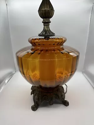 Vintage Mid Century EF & EF 70s Large Amber Glass Table Lamp Brass 3 Way Tested • $142.49