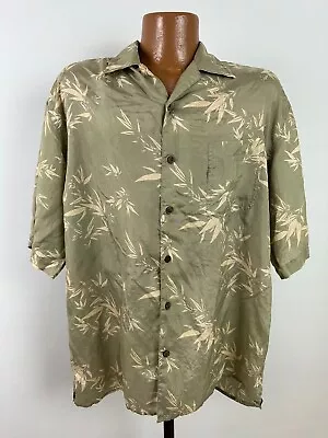 Vintage 90s Silk Icon Shirt Mens L Sage Green Bamboo Leaf Hawaiian Short Sleeve • $21.99