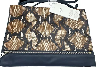 ZARA Black Brown Leather Snake Skint Print Fur Clutch Crossbody Bag Handbag  • £32