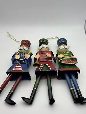 Set Of 3 Vintage Christmas Tin Drummer French Horn Ornament Dangling Legs • $25