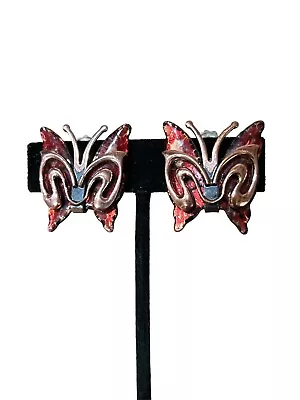 VTG Matisse Copper Red Enamel Butterfly Clip On Earrings • $26.95