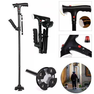 Folding Walking Cane Stick With LED Light Alarm Button For Elderly Lightweight • £14.95