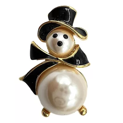 Signed Monet Faux Pearl Black Enamel Snowman Gold Tone Brooch Pin • $10.50