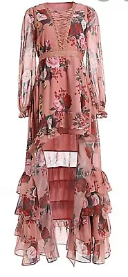 Pink Roses Boho Bohemian Dipped Hem Frilled Lace-Up Bodice Maxi Dress 16 Cruise • £150