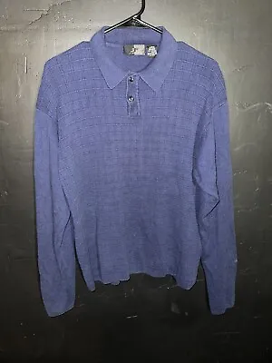 VTG J Ferrar Long Sleeve Polo Shirt Adult Large Blue Ribbed Square Button Casual • $10.99