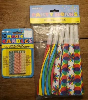 Vintage Party Favors - 6 Rainbow Colored Party Horns And MAGIC Candles NEW 80'S  • $12.34