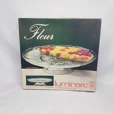 Vintage Arcoroc Luminarc FLEUR Cake Serving Plate Stand Pedestal LARGE Clear • $45