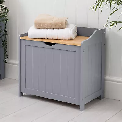 Wooden Laundry Box Bin Grey Bamboo Bathroom Storage Basket Linen Chest Christow • £52.79