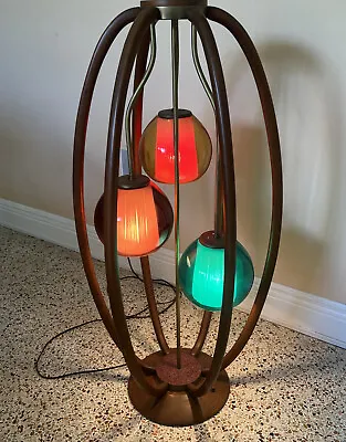 Mid Century Modern Majestic  Caged Wood Table Floor 3 Light Lamp 35” High • $299
