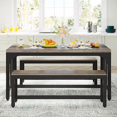 55  Industrial Rectangular Dining Set Kitchen Dining Table With 2 Benches • $191.08