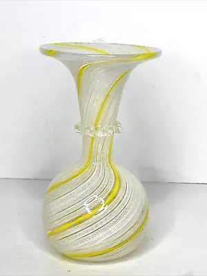 VTG Venitian Zanfirico Latticino Lemon Yellow White Art Glass Trumpet Vase • $98