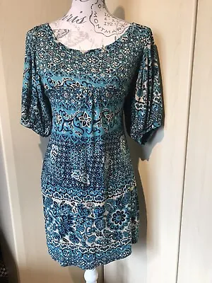 WAREHOUSE UK 12 NWT Blue Floral Butterfly Dress Opal Back Balloon Sleeve RRP £45 • £18.99