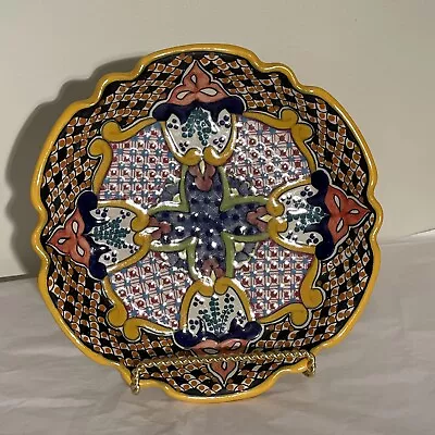 Vintage Hecho A Mano 10.5 Mexican Pottery Hand Painted Folk Art Plate • $25