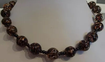 Vintage Venetian Murano Sommerso Black Beaded Necklace With Copper Inclusions • £12.99