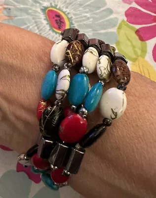 Magnetic Wrap Bracelet Hematite & Blue White Red Brown Beads 68” • $18