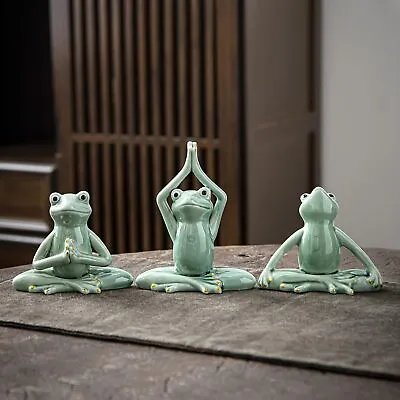 Ceramic Meditating Frog Statue Yoga Pose Zen Figurine Home Decor Green Home Room • $32.58