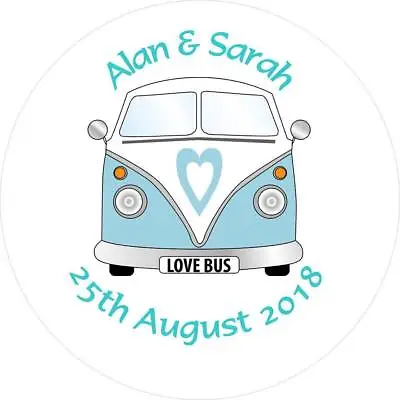 105 Personalised Round Wedding Stickers / Seals   -   Camper Van Design  35mm • £2.75