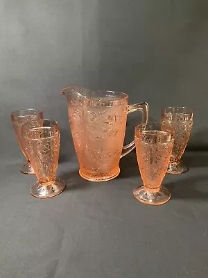 Vintage Tiara Peach Pink Glass Pitcher 64oz With 4 Glass Cups Set • $69.95