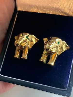 CABOUCHON Ltd COSTUME JEWELLERY TWO YELLOW GOLD PLATED GREEN EYED ELEPHANT PINS • £20