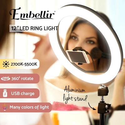 $34.15 • Buy Embellir LED Ring Light 12  5500K Dimmable Diva Diffuser With Stand Make Up
