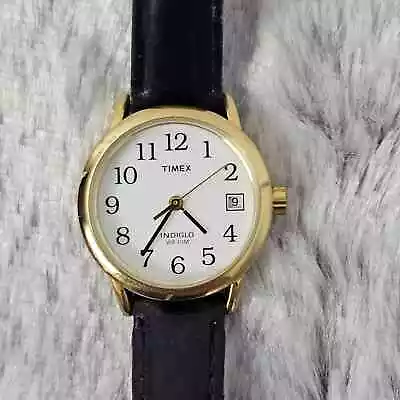 Timex Men Watch Stainless Steel Gold WR Black Leather Light Date White Quartz • $29.95