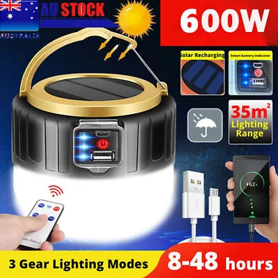 $17.98 • Buy 600W LED Solar Light + Remote USB Rechargeable Tent Camping Emergency Outdoor AU