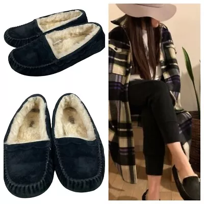 UGG Ansley Womens 7 Slippers House Shoes Moccasins Black Leather Shearling     S • $49.49