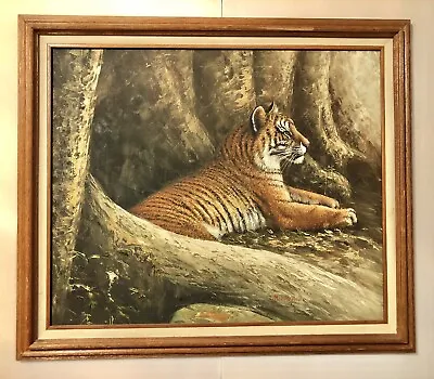 Vintage Oil Painting On 20” 24” Canvas Tiger In Woods • $75