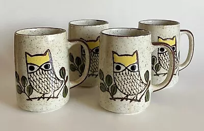4 Vtg Mid Century Modern Otagiri Stoneware Yellow Owl On Branch Tall Coffee Mugs • $29.99