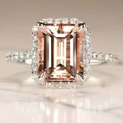 2Ct Emerald Lab-Created Morganite Halo Engagement Ring White Gold Plated Silver • $98.44