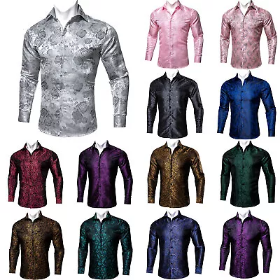 Mens Dress Silk Shirt Long Sleeve Gold Blue Paisley Casual Button Down Shirts UK • £19.99